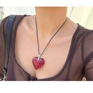 Big Heart Pendant, Large Carnelian Heart Glass Red Necklace, Black Leather Cord.